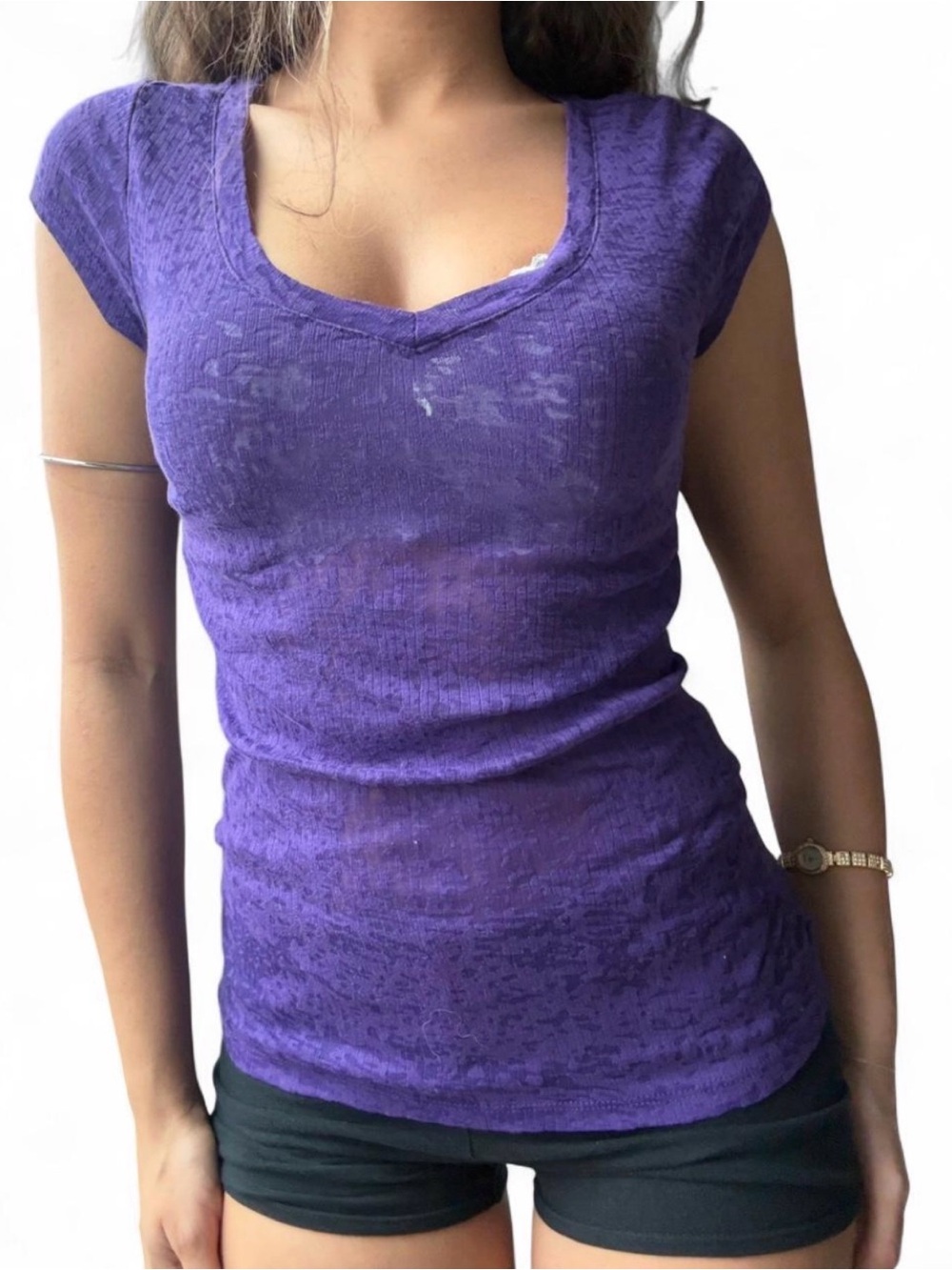 Y2K Purple v neck fitted sheer top